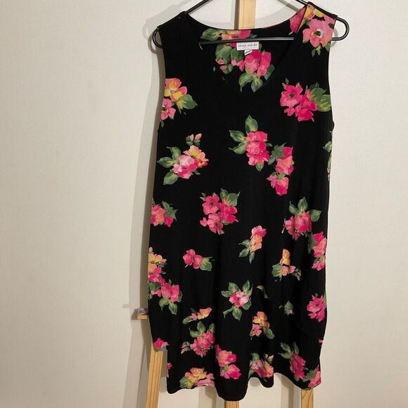 Susan Graver black floral tank dress size Large stretchy midi dress - Picture 1 of 5
